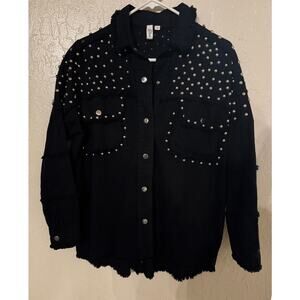 Glam Black Studded Frayed Hem Shacket Jacket Size S